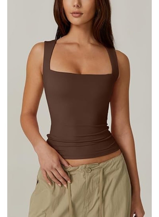 CLENEA Women's Square Neck Sleeveless DoubleLayer Vest Basic Tight T-Shirt Women's Camisole Fashionable TightFitting Inner Fitness Top - Image 4